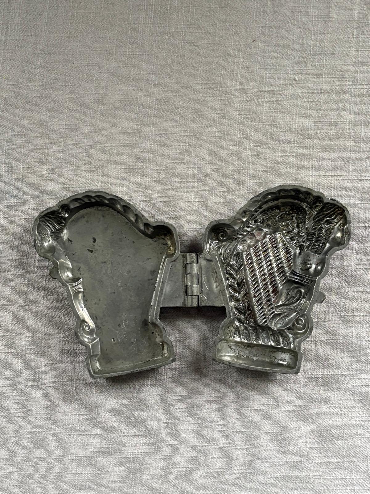 Vintage Antique Pewter Ice Cream Mold, Angel on Harp #361-T Mills & Bro. Mold, Rustic Metal Kitchen